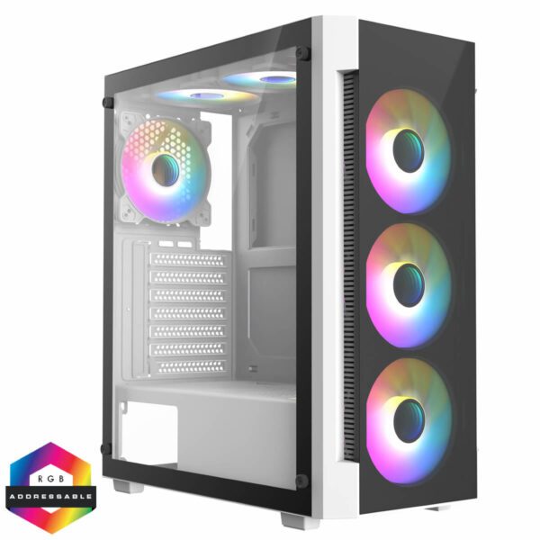 Destroyer White ATX Gaming Case with Tempered Glass Front and Side Panel with 6 x ARGB Fans and 6-Port MB Sync Hub