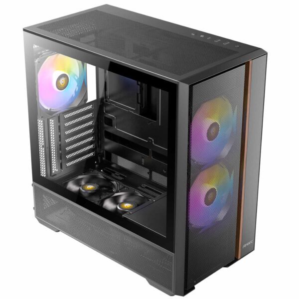 Antec FLUX Rear Gaming Case ATX Mesh Wood Front - Black - ARGB Fans